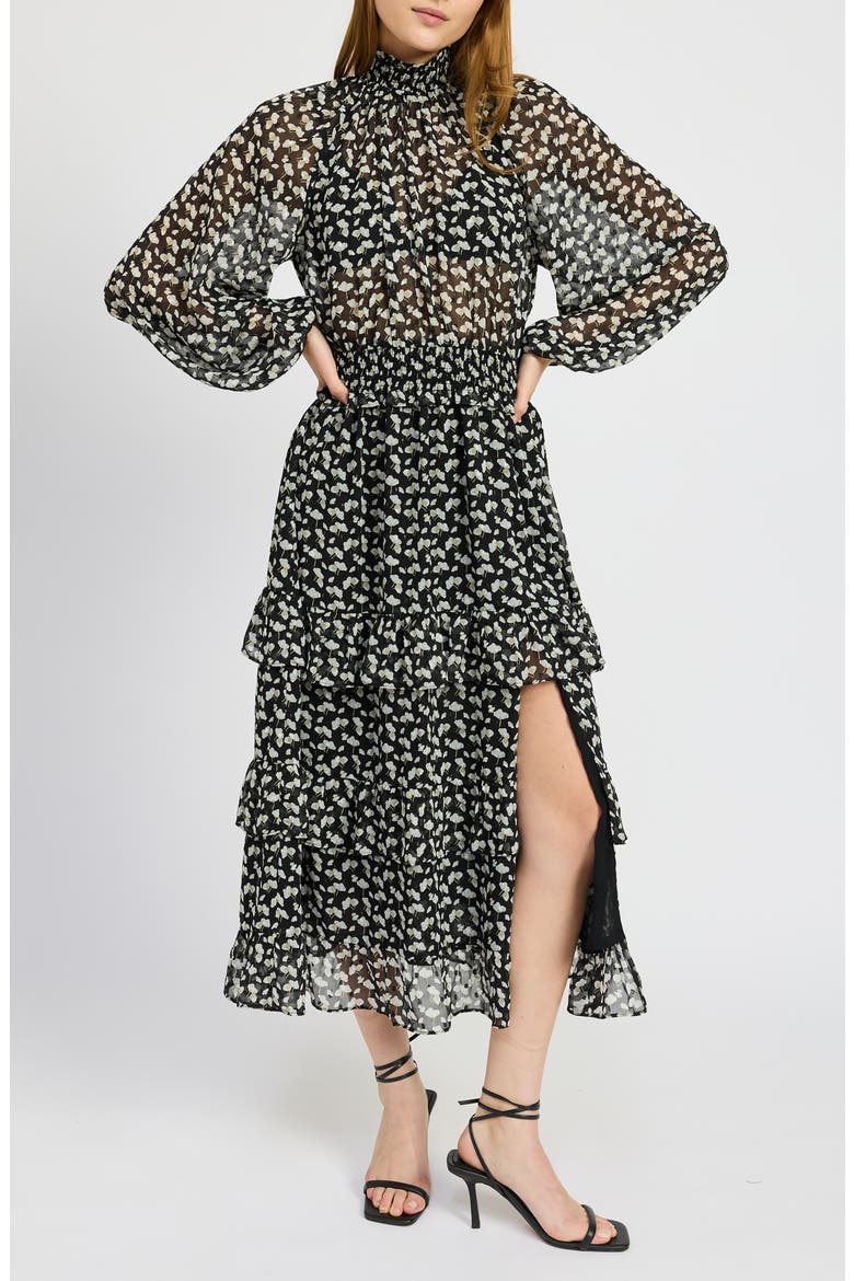 Genevieve Floral Long Sleeve Tiered Dress, Main, color, BLACK GOLD