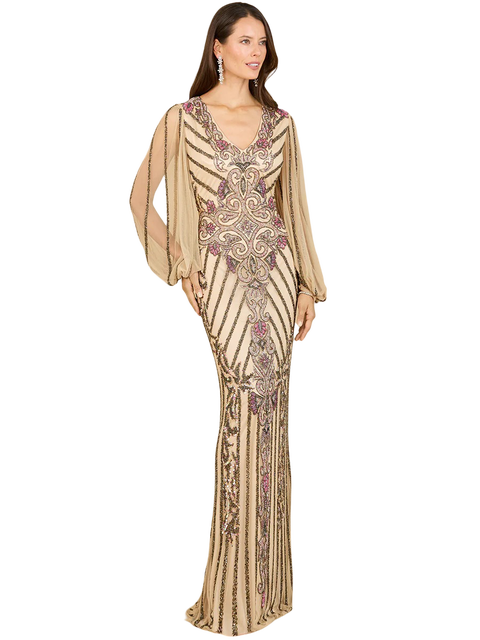 Long Flutter Sleeves Beaded Dress