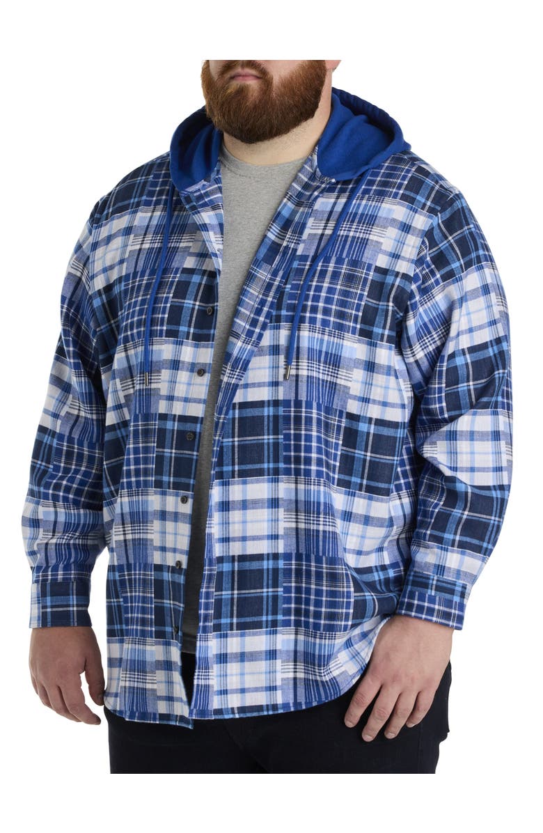 True Nation by DXL Big & Tall Plaid Hooded Flannel Sport Shirt, Main, color, Blue Multi