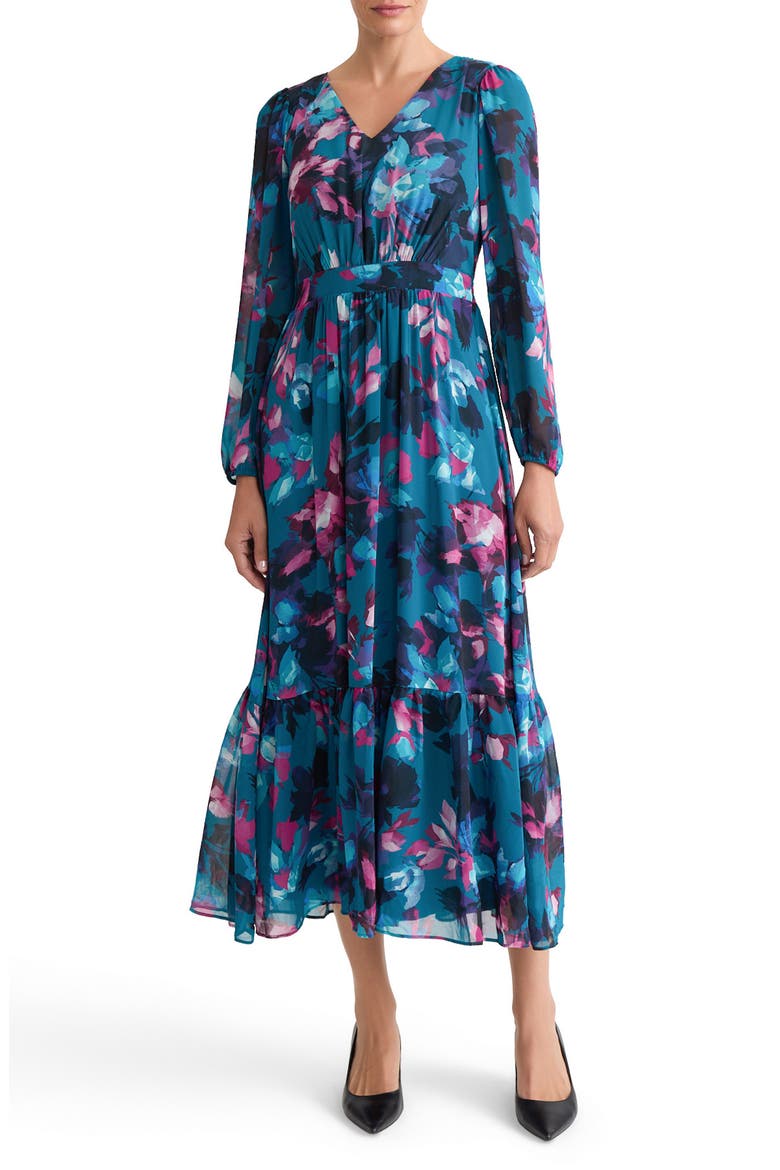 Floral Balloon Sleeve Midi Dress, Main, color, BOTTLE TEAL MLT