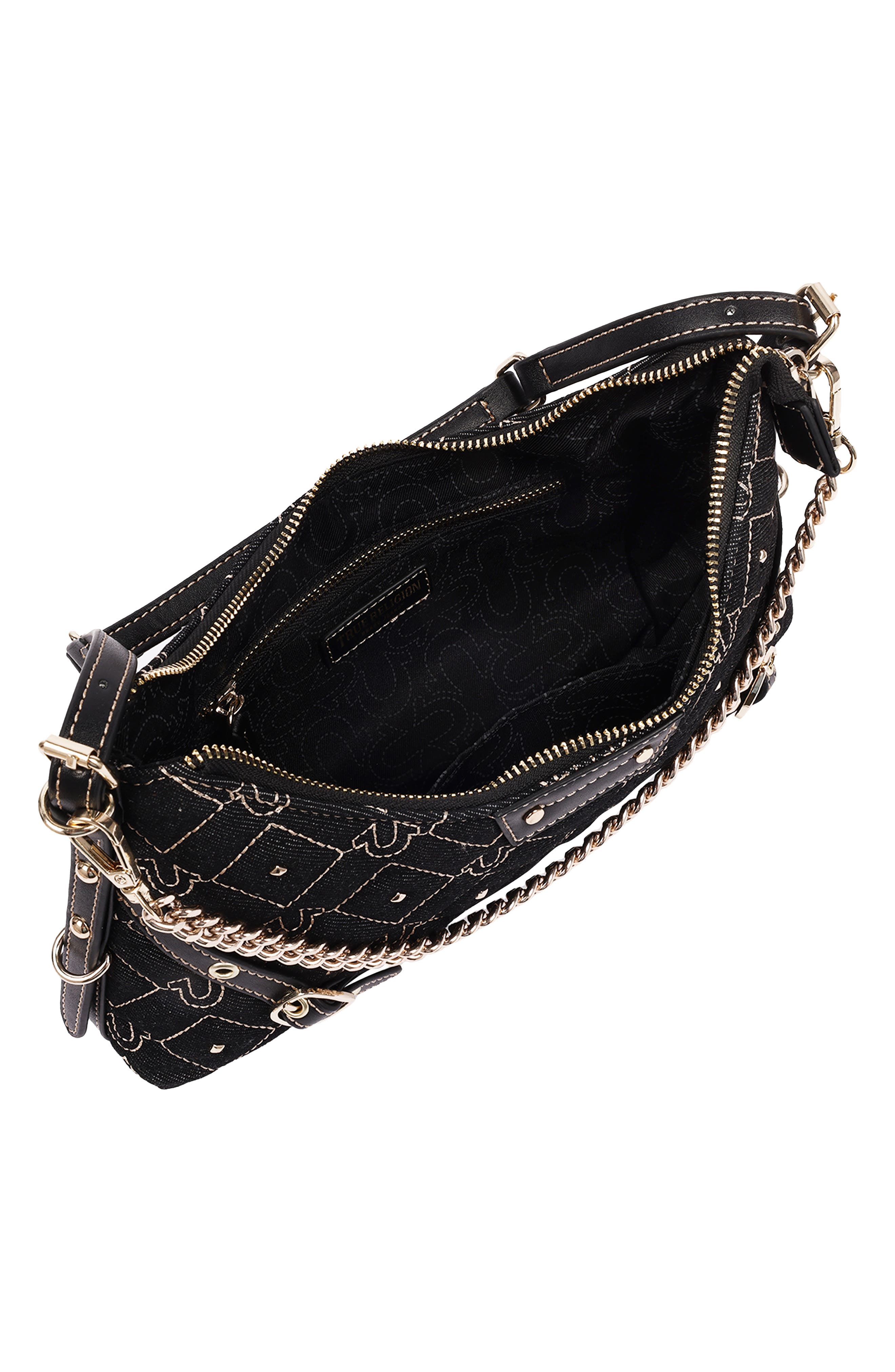 Studded Denim Shoulder Bag, Alternate, color, BLACK