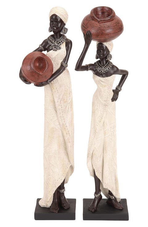 Cream Polystone Standing African Woman Sculpture with Red Water Pots and Black Base - Set of 2