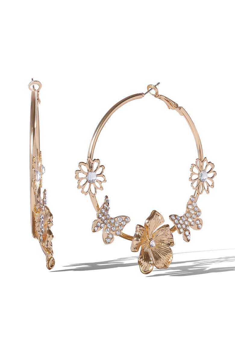 Flower and Butterlfy Hoop Earrings, Alternate, color, Gold
