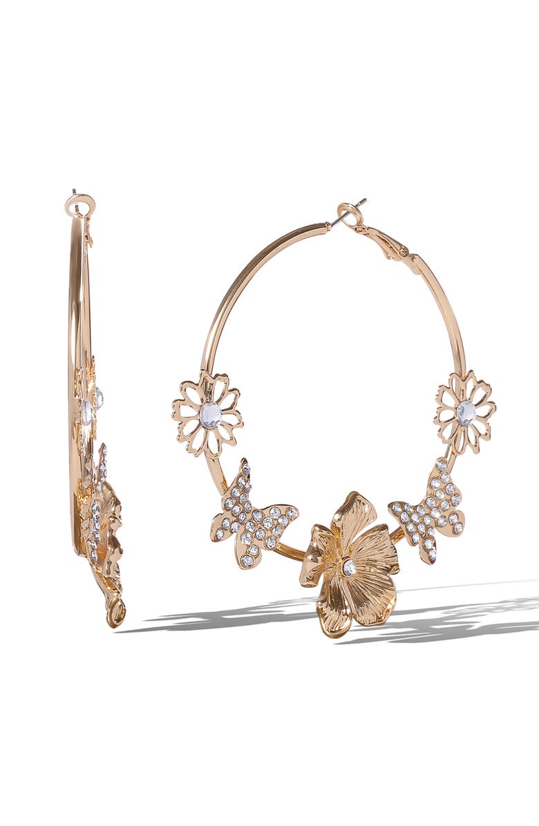 Jessica Simpson Flower and Butterlfy Hoop Earrings, Alternate, color, Gold