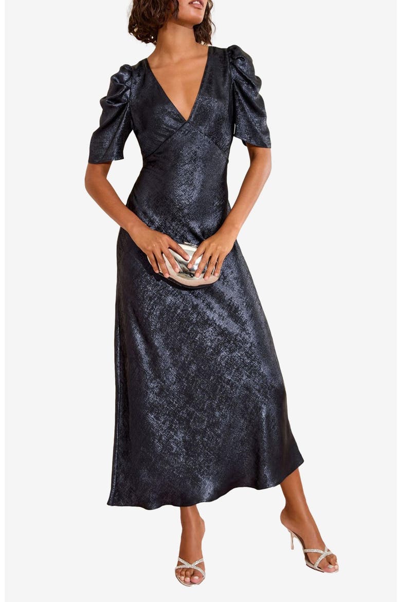 Foil Puff Sleeve Midi Cocktail Dress, Main, color, BLUE