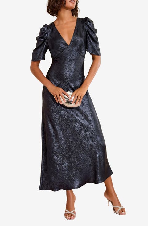 Foil Puff Sleeve Midi Cocktail Dress