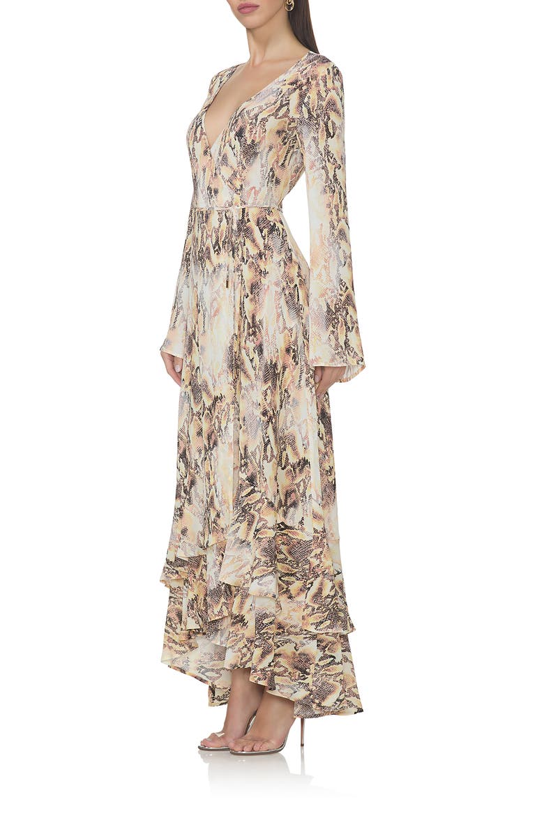 AFRM Mimi Snakeskin Print Long Sleeve Ruffle Maxi Dress, Alternate, color, Shine Snake