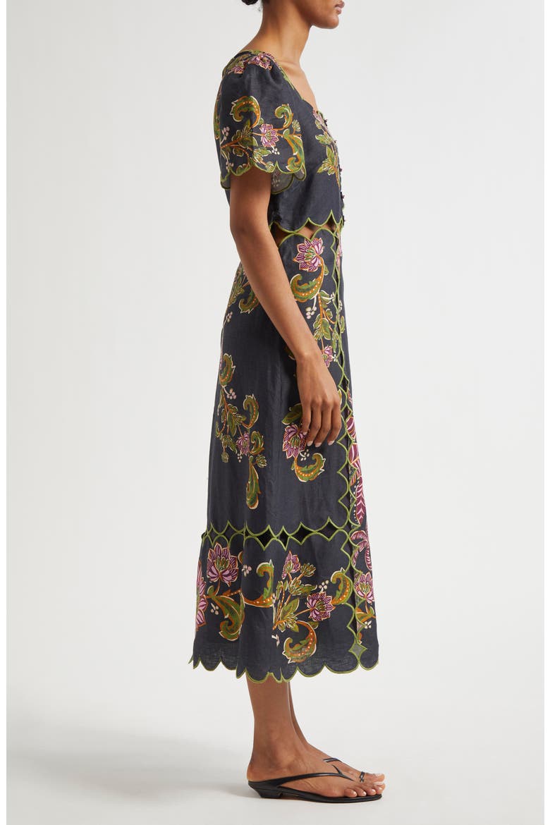 Ravenala Floral Short Sleeve Midi Dress, Alternate, color, RAVENALA BLACK