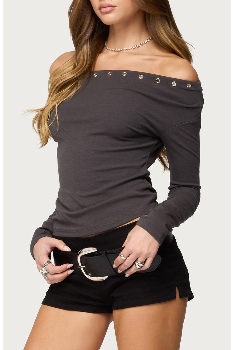 Rebekka Grommet Detail Off the Shoulder Knit Top, Alternate, color, DARK-GRAY