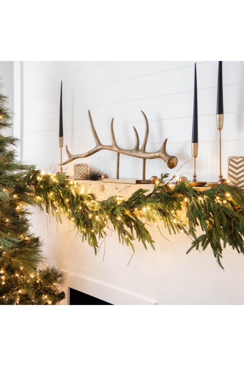 Twig Light & Real Touch Green Norfolk Pine Pre-Lit Winter Christmas Mantle Garland Table Runner, Alternate, color, Green