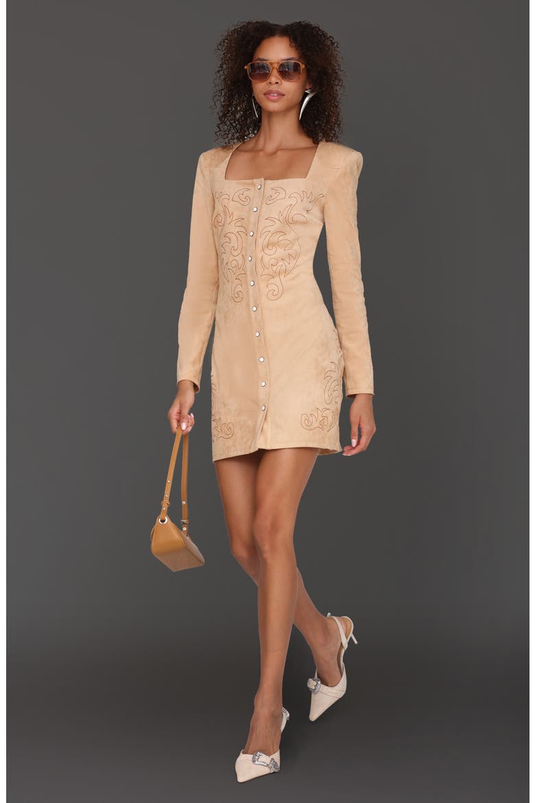 Western Embroidery Long Sleeve Faux Suede Dress, Alternate, color, BISCUIT