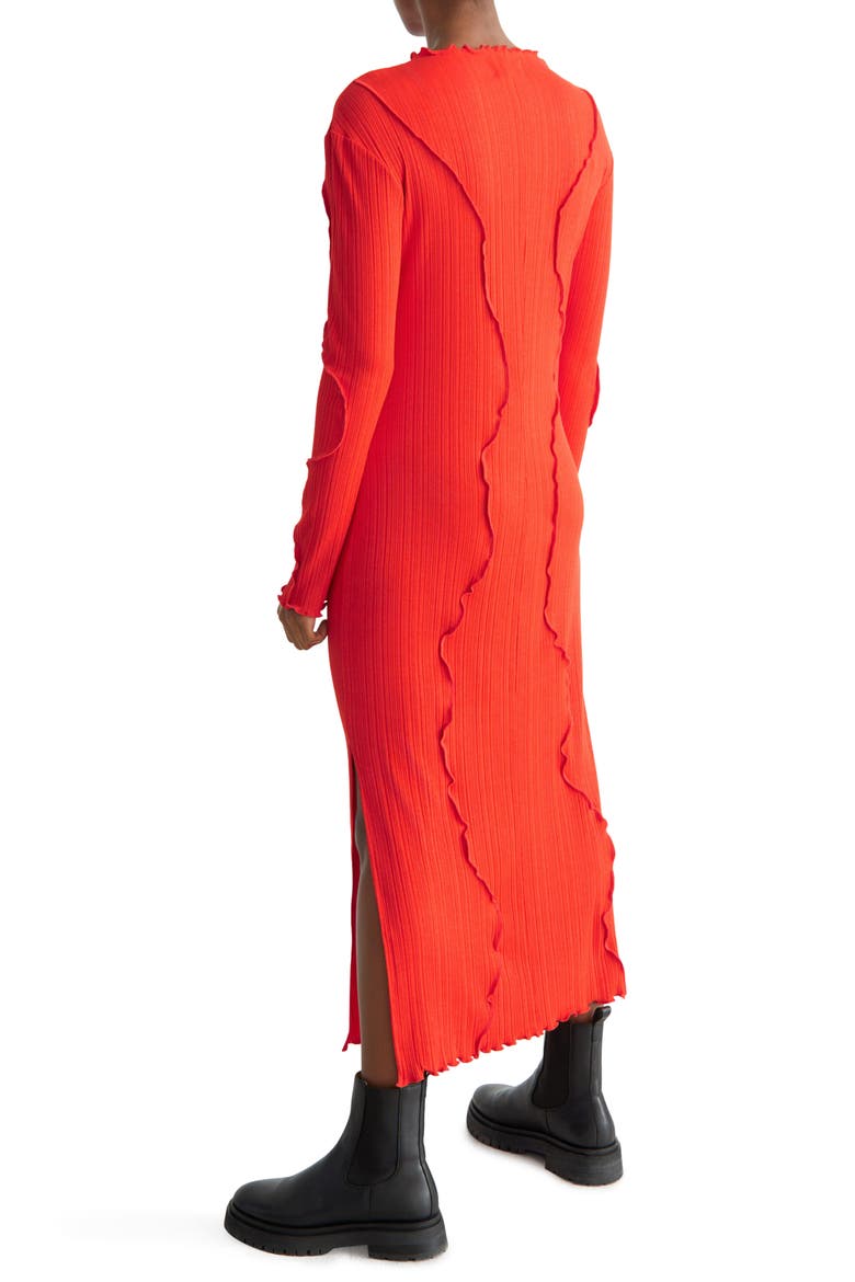 Beth Frilled Rib Long Sleeve Midi Dress, Alternate, color, RED