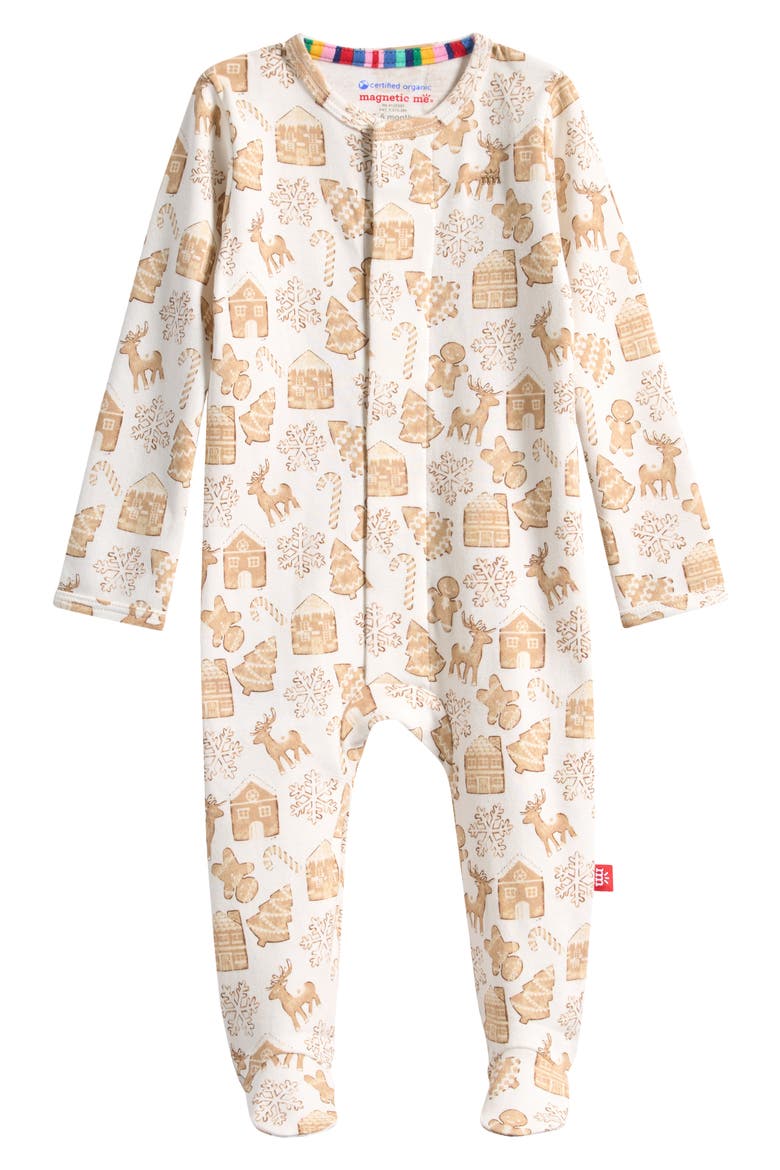 Gingerbread Lane Organic Cotton Magnetic Closure Footie, Main, color, GINGERBREAD MAN