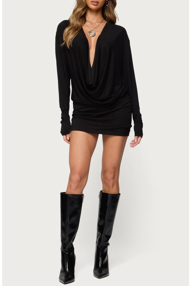 Romelia Cowl Neck Long Sleeve Minidress, Main, color, BLACK