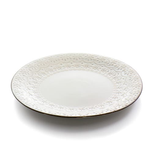 Elama Countess 16 Piece Embossed Double Bowl Stoneware Dinnerware Set In White