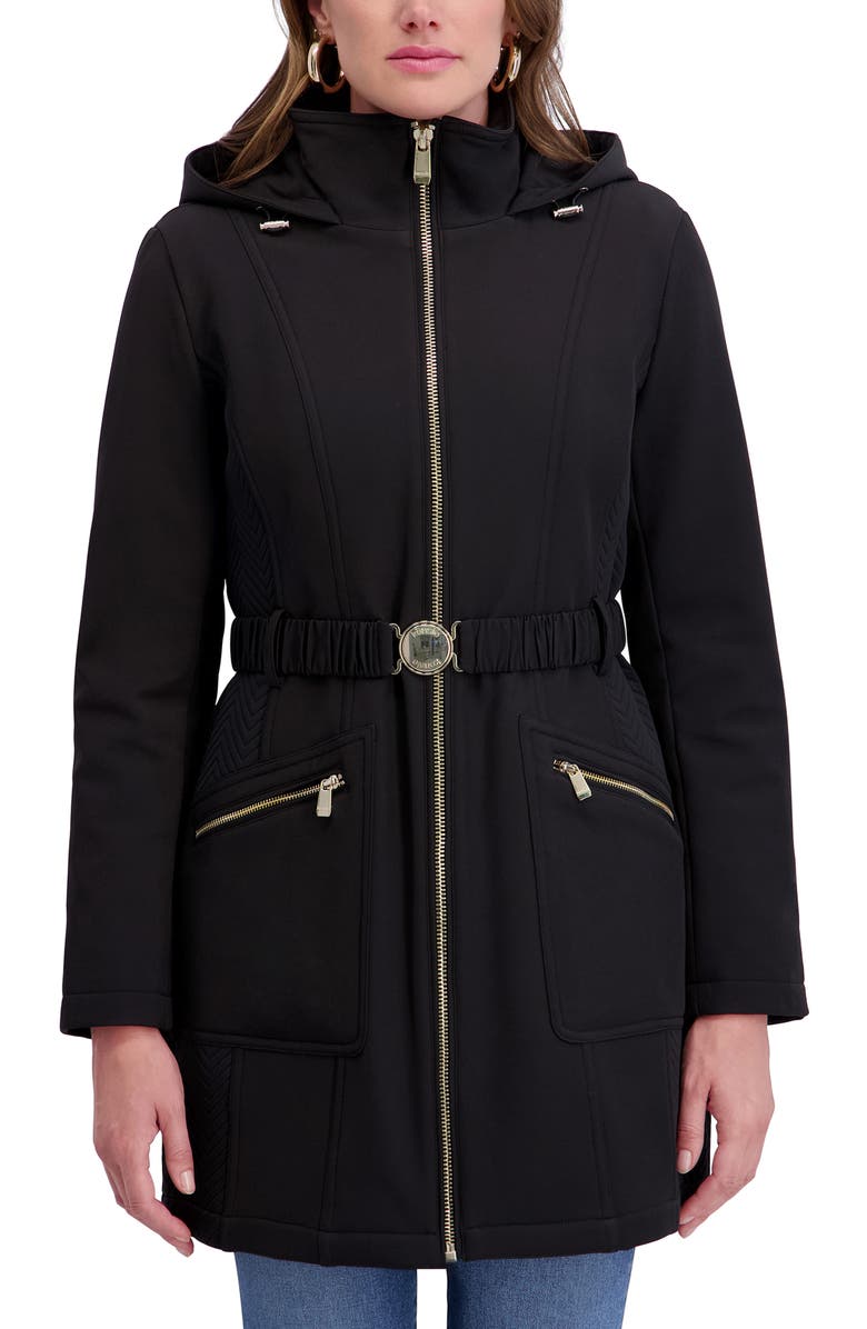 Kensie Soft Shelled Hooded Belted Zip-Up Coat, Alternate, color, Black