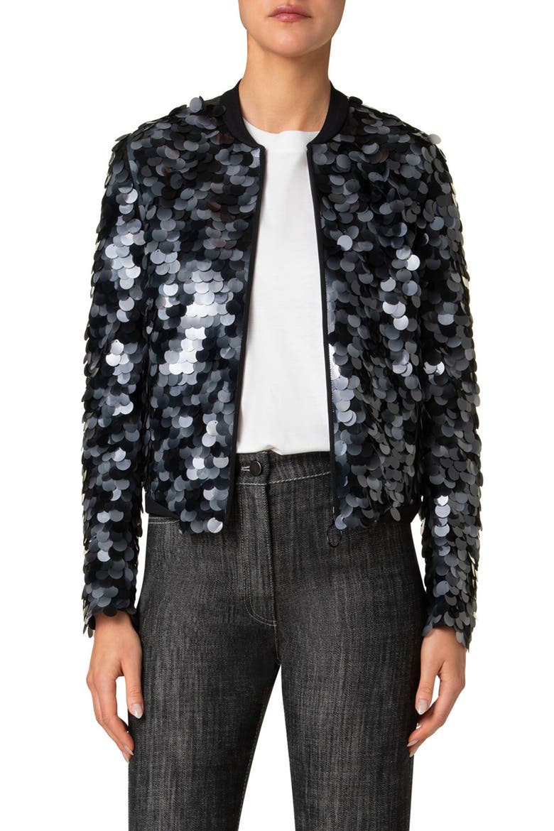 Dot Paillette Bomber Jacket, Main, color, BLACK