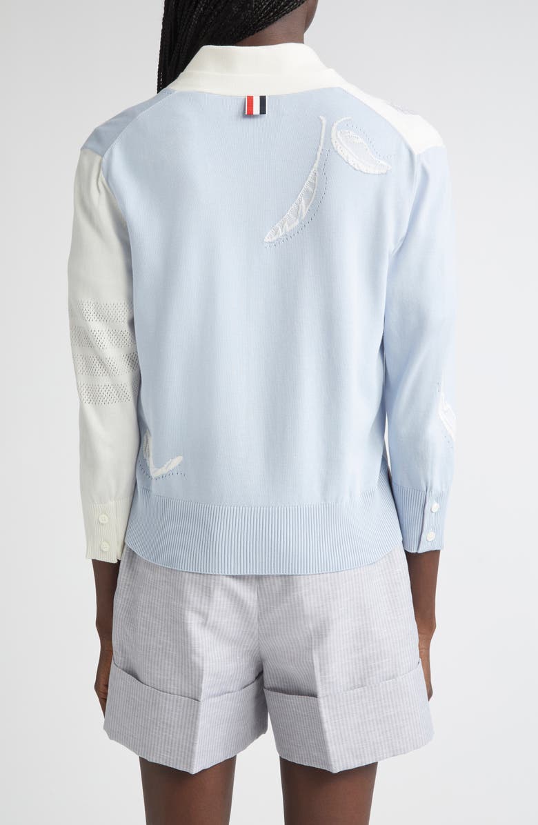 Thom Browne Fun-Mix 4-Bar Feather Intarsia Three Quarter Sleeve Cardigan, Alternate, color, Light Blue