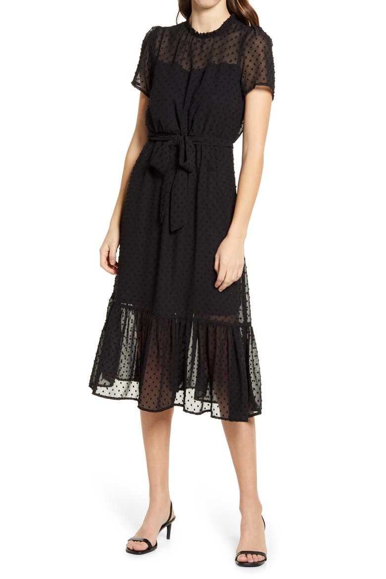 Belted Swiss Dot Midi Dress, Main, color, BLACK