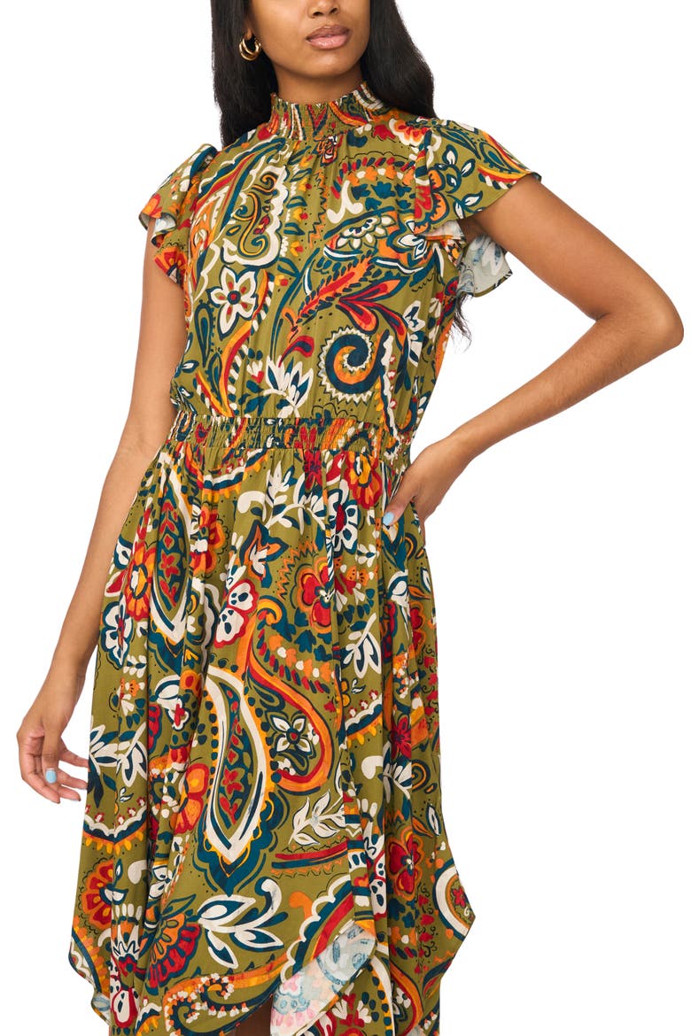 Smocked Neck Handkerchief Hem Midi Dress, Alternate, color, OLIVE MOSS