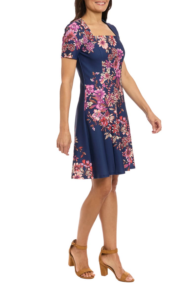 Square Neck Fit & Flare Scuba Dress, Alternate, color, NAVY/ FUCHSIA