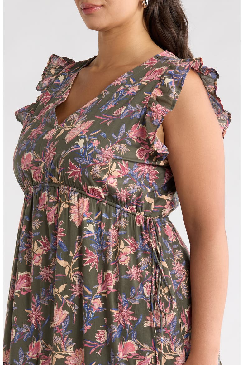 Floral Print Flutter Sleeve Maxi Dress, Alternate, color, OLIVE FROU FLORAL