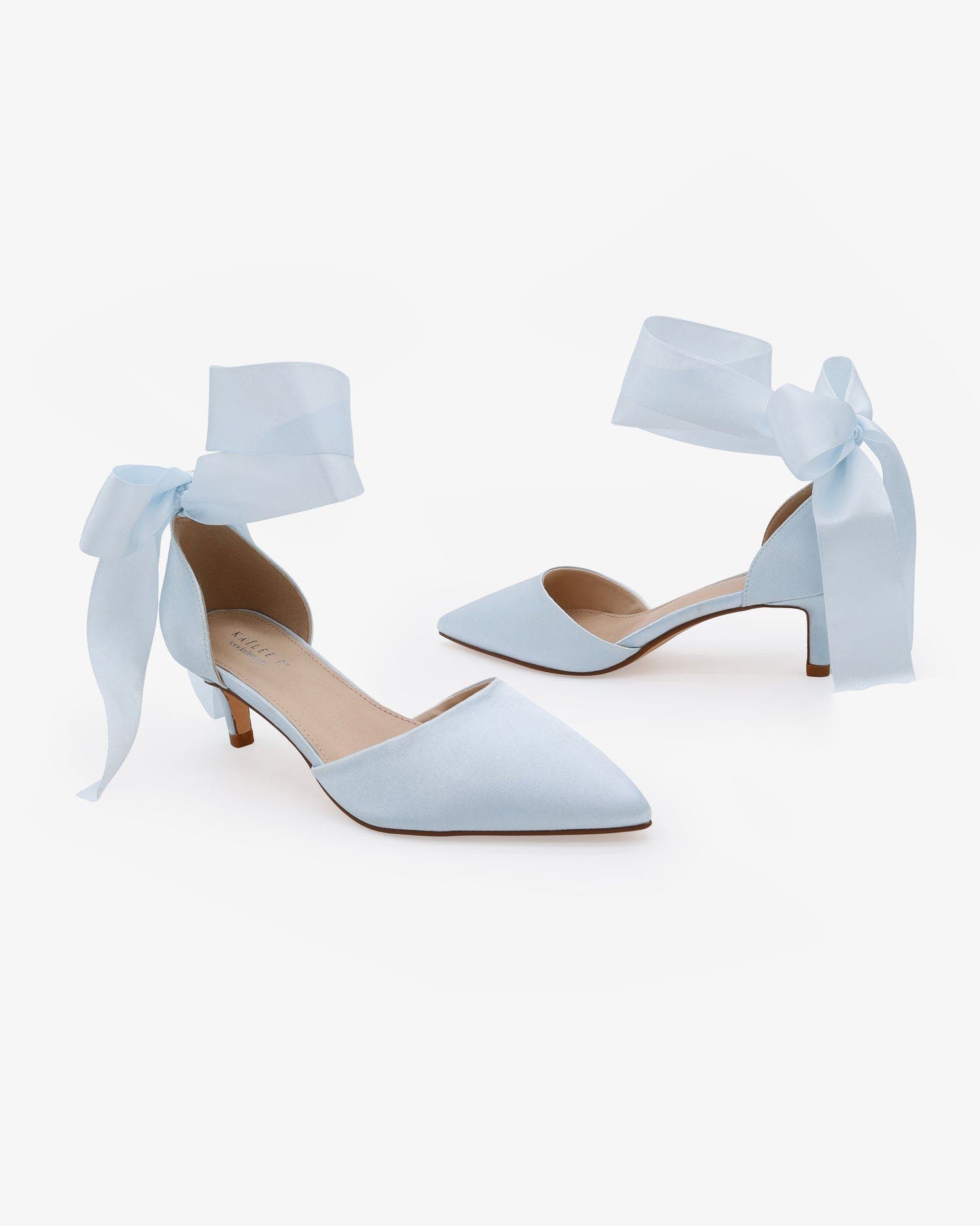 Farah Satin Pointy Toe Kitten Low Heel with Wrapped Satin Ribbon Tie, Alternate, color, Light Blue