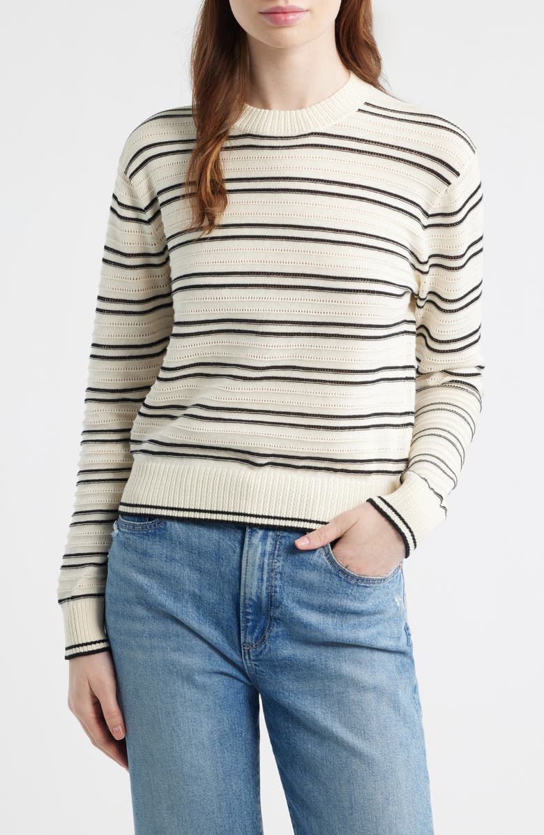 Madewell Striped Textured Stitch Cotton Crewneck Sweater, Main, color, Ivory And Black Double Stripe