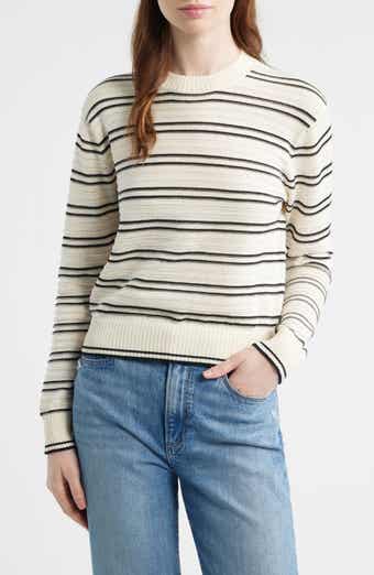 Striped Textured Stitch Cotton Crewneck Sweater
