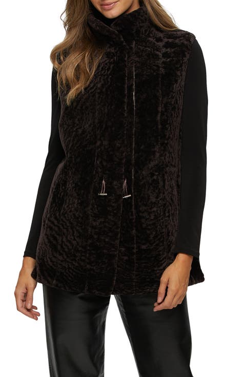 Genuine Shearling Hooded Vest Reversible To Taffeta