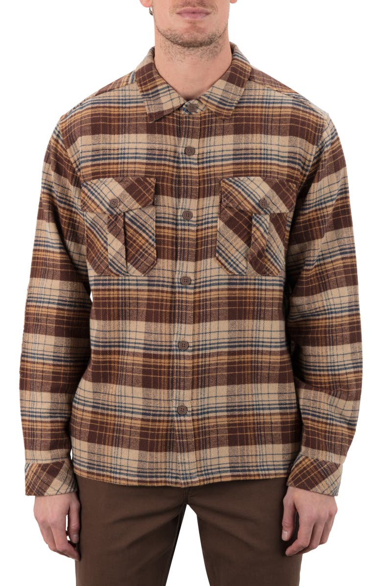 Hurley Santa Cruz Seaside Plaid Flannel Button-Up Shirt Jacket, Main, color, Espresso