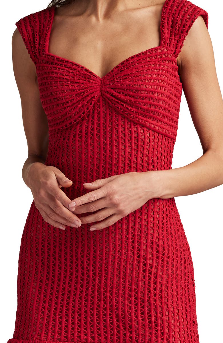 SHO by Tadashi Shoji Open Stitch Ruffle Hem Cocktail Dress, Alternate, color, Rouge