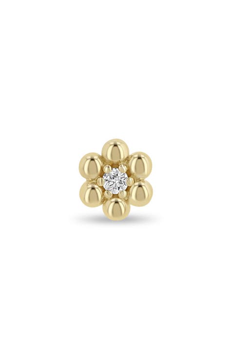 14K Yellow Gold Diamond Beaded Flower Single Stud Earring
