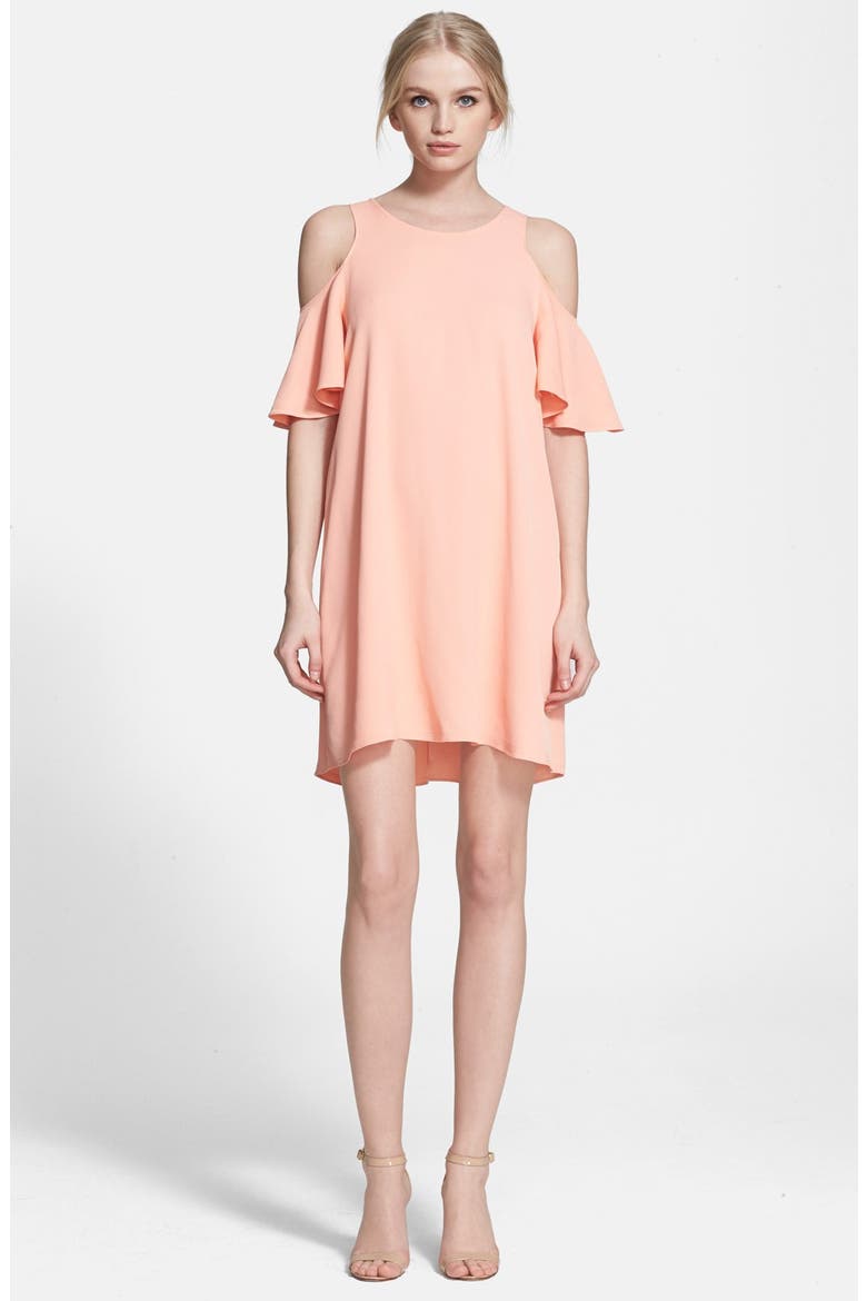 'Duvall' Cold Shoulder Ruffle Shift Minidress, Main, color, PECHE
