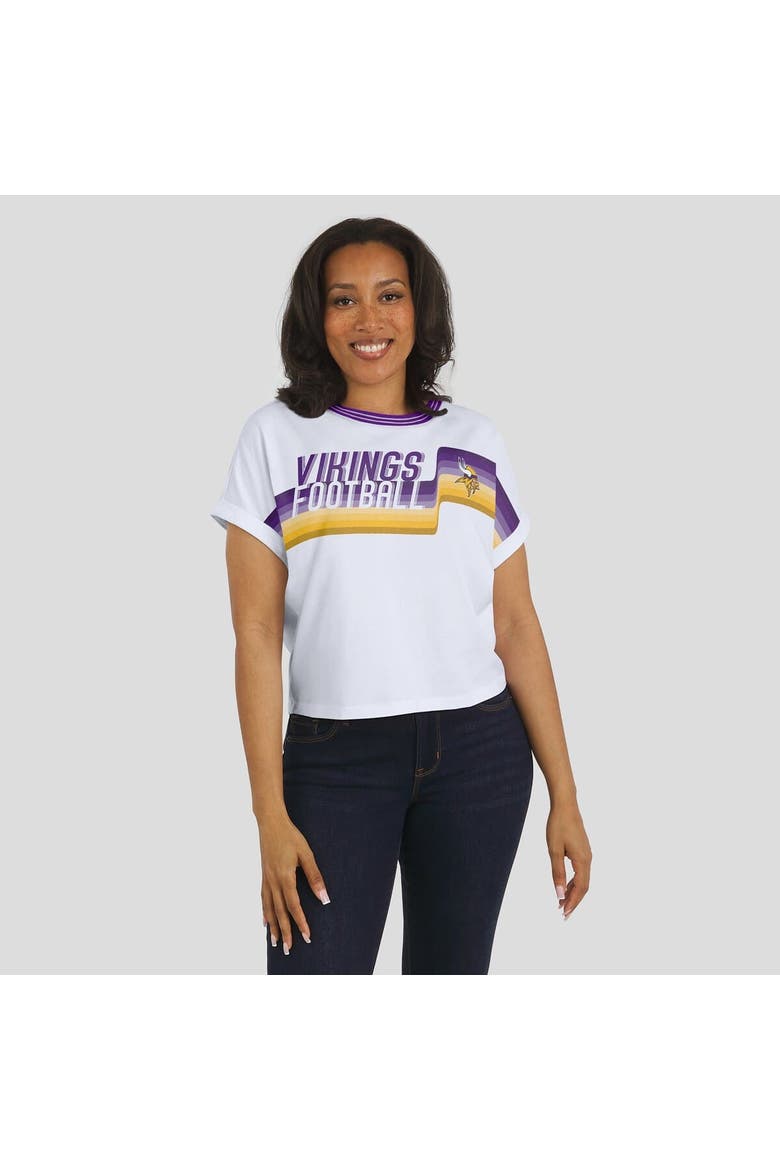 Women's WEAR by Erin Andrews White Minnesota Vikings Cropped Center Stripe Dolman T-Shirt, Alternate, color, White