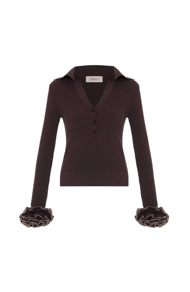 THEO The Label Nomia Ruffle Sleeve Johnny Sweater, Main, color, Koffee/Wheat