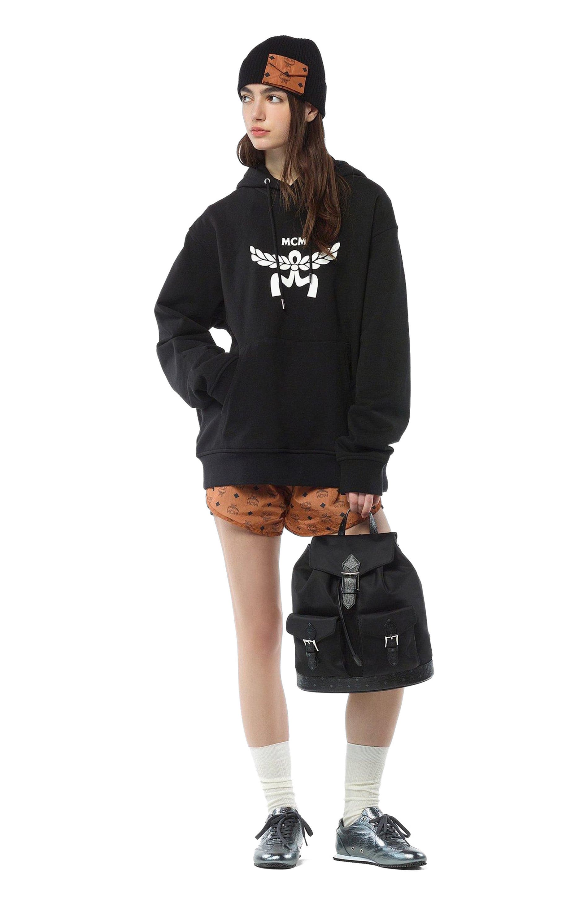 MCM Small Aren Drawstring Backpack in ECONYL and Leather, Alternate, color, Black