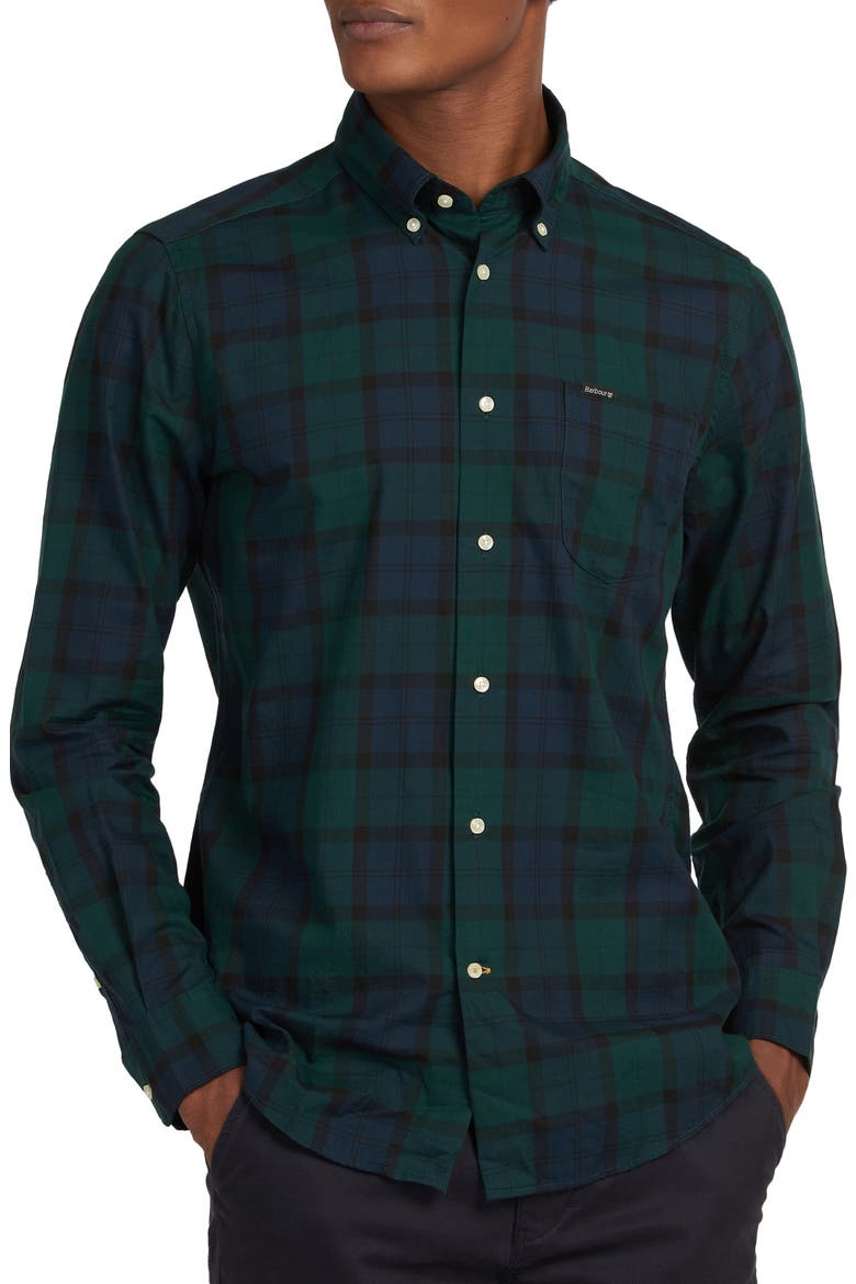 Wetherham Tailored Fit Plaid Flannel Button-Down Shirt, Main, color, BLACK WATCH