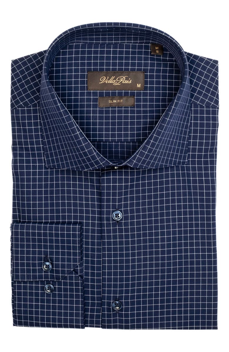 VELLAPAIS Grid Cotton Slim Fit Button Down Shirt, Alternate, color, Navy Blue