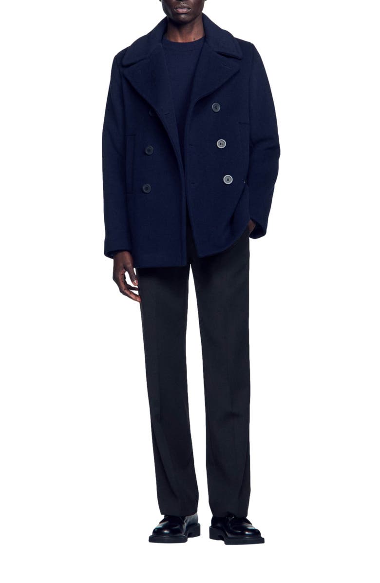 SANDRO Wool pea coat, Alternate, color, Navy Blue