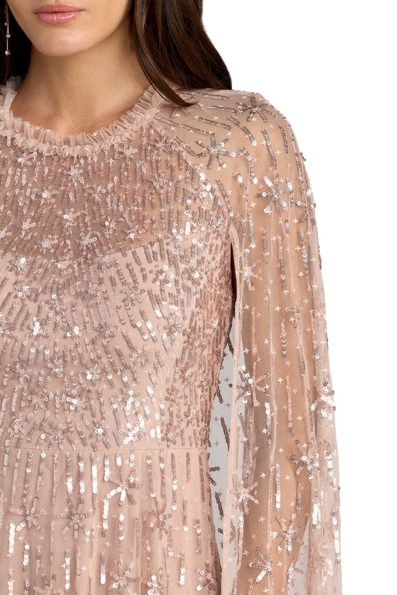 Embellished Mesh Column Gown With Cape Sleeves, Alternate, color, Rose