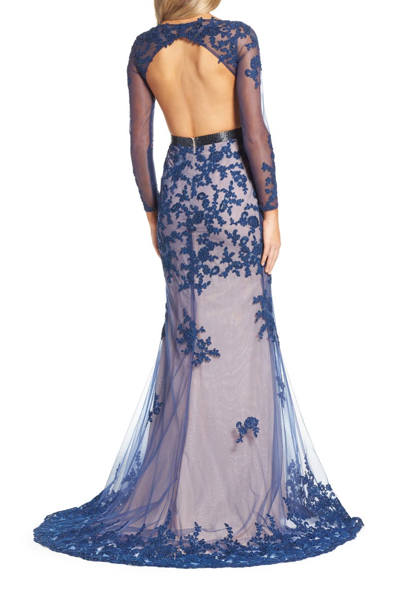 Long Sleeve Open Back Embroidered Tulle Gown, Alternate, color, SAPPHIRE