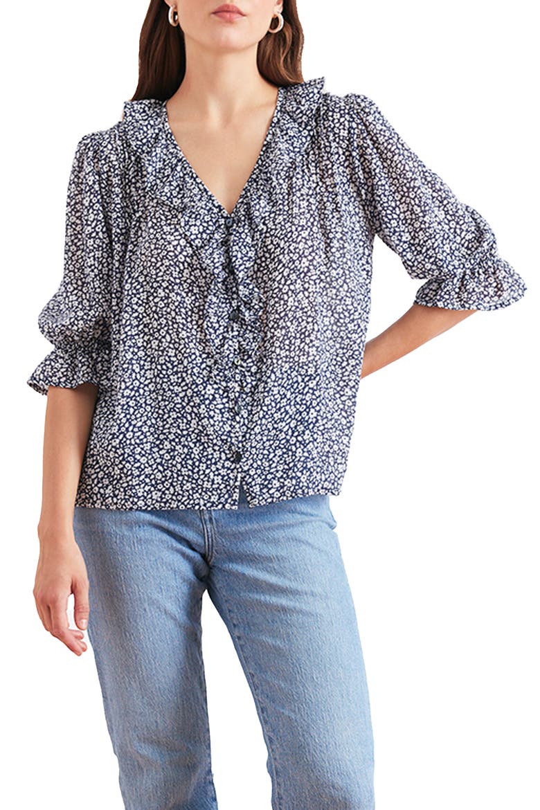 Chloe Ditsy Floral Ruffle Cotton Shirt, Main, color, Navy Vintage Bloom