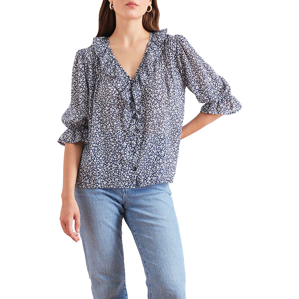 Paneros Clothing Chloe Ditsy Floral Ruffle Cotton Shirt in Navy Vintage Bloom  product