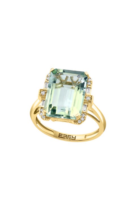 14K Yellow Gold Green Quartz & Diamond Ring