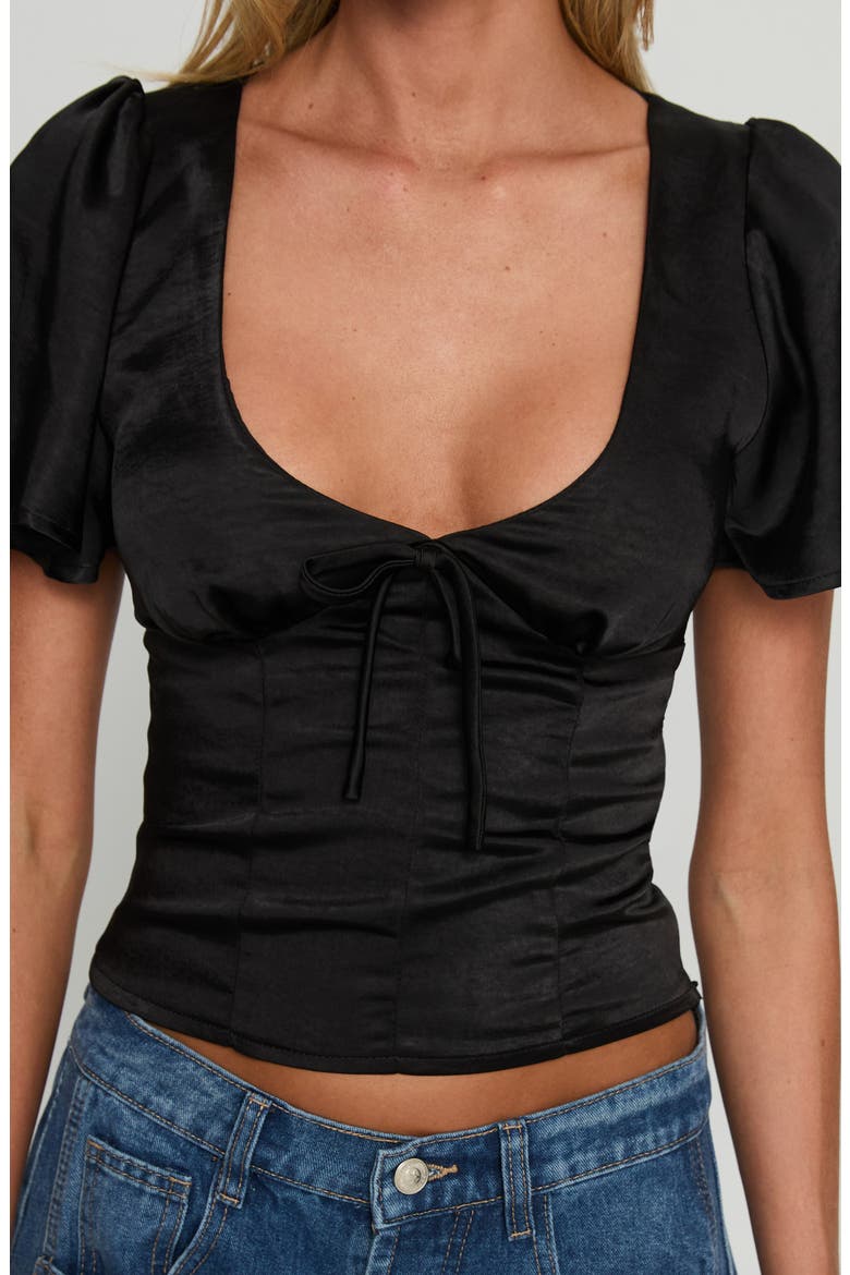 Sun Will Rise Tie Detail Satin Crop Top, Alternate, color, BLACK
