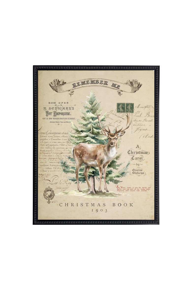 Vintage Painting of a Deer and Tree on a distressed bookplate background, Main, color, Beige