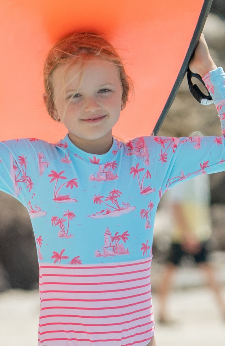 Snapper Rock Lighthouse Island Long Sleeve One-Piece Rashguard Swimsuit, Alternate, color, Blue