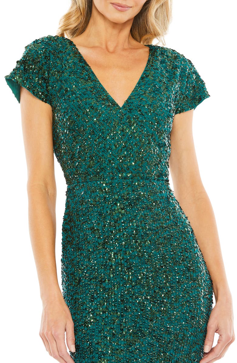 Mac Duggal Sequined Short Sleeve Wrap Over Cocktail Dress, Alternate, color, Deep Emerald