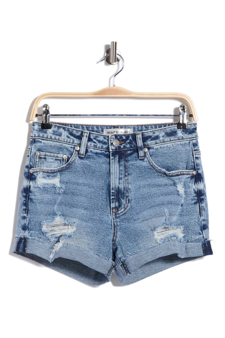 Destructed High Waist Denim Shorts, Main, color, MED WASH